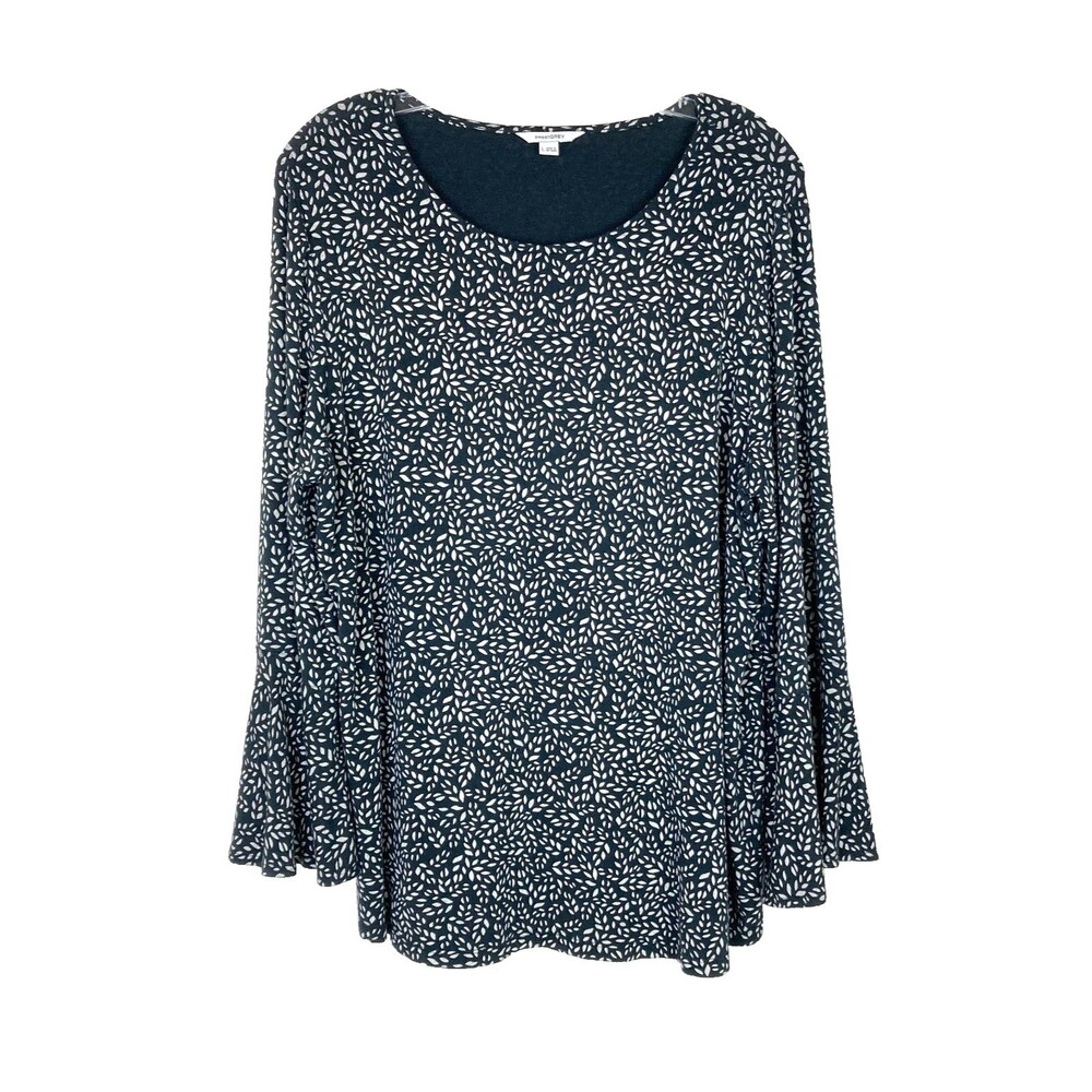Sweet Grey Women's Knit Blouse Size L Black Tan Bell Sleeves Office or Casual